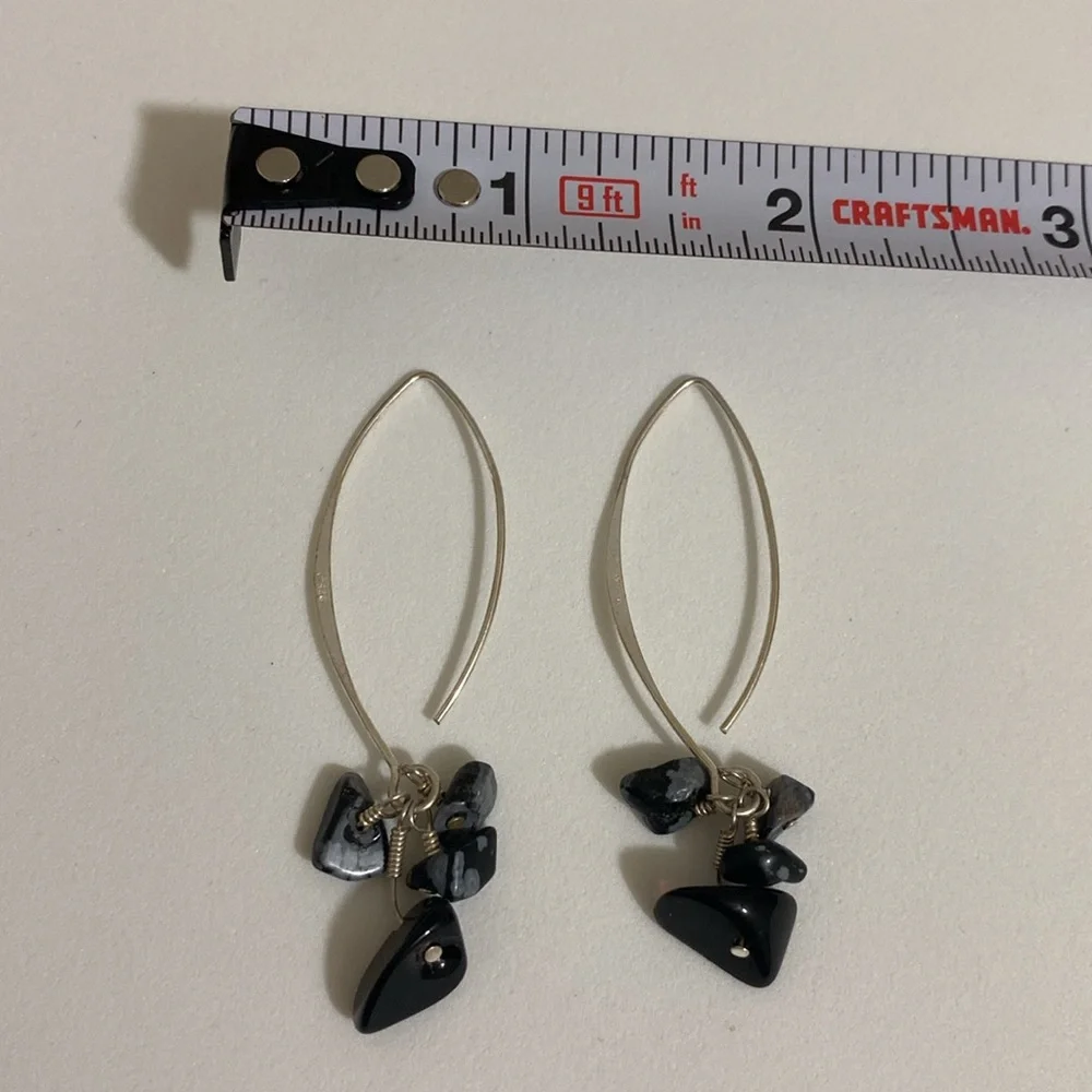 925 Sterling Silver Dangle Earrings w Black Gem Stones